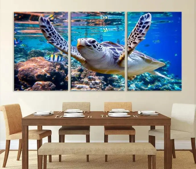 A living room showcasing a triptych of the Turtle and Ocean Life Wall Art Canvas Print.