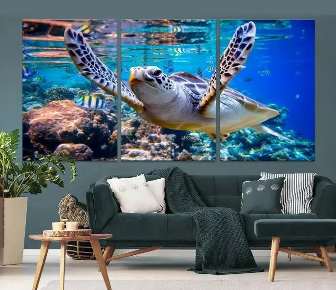 A living room showcasing a triptych of the Turtle and Ocean Life Wall Art Canvas Print.