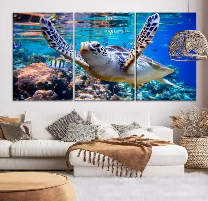 A living room showcasing a triptych of the Turtle and Ocean Life Wall Art Canvas Print.