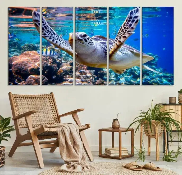 A living room showcasing a triptych of the Turtle and Ocean Life Wall Art Canvas Print.