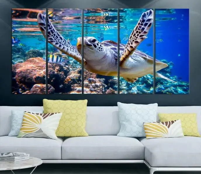 A living room showcasing a triptych of the Turtle and Ocean Life Wall Art Canvas Print.