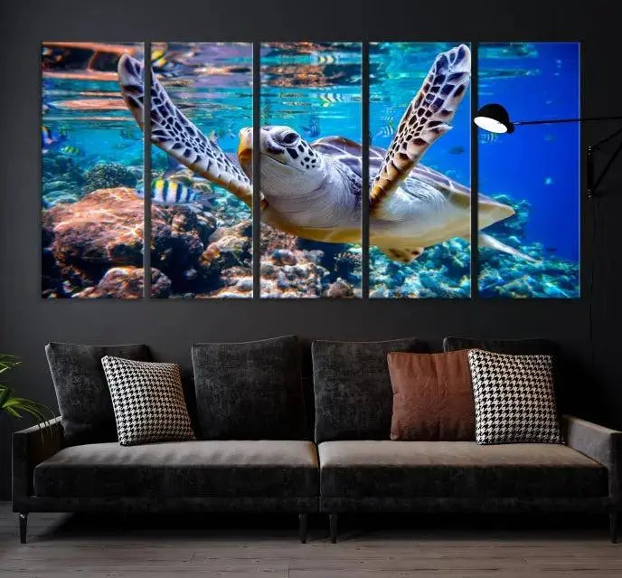 A living room showcasing a triptych of the Turtle and Ocean Life Wall Art Canvas Print.