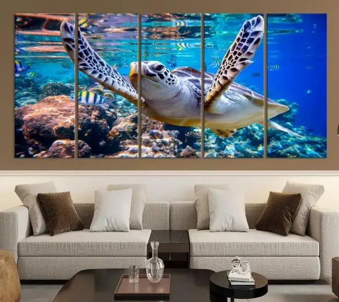 A living room showcasing a triptych of the Turtle and Ocean Life Wall Art Canvas Print.