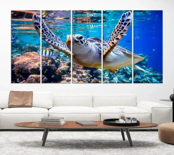 A living room showcasing a triptych of the Turtle and Ocean Life Wall Art Canvas Print.