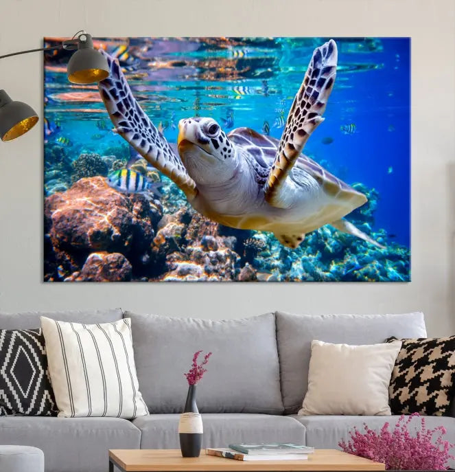 A living room showcasing a triptych of the Turtle and Ocean Life Wall Art Canvas Print.