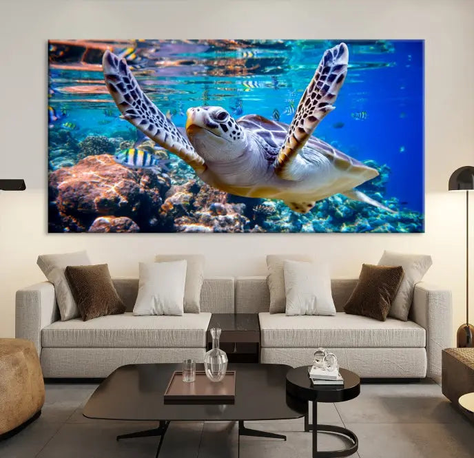 A living room showcasing a triptych of the Turtle and Ocean Life Wall Art Canvas Print.