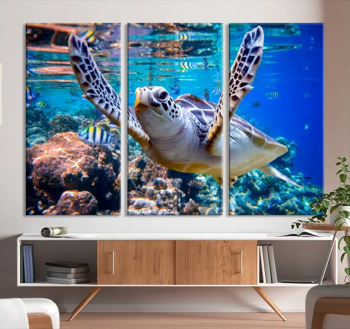 A living room showcasing a triptych of the Turtle and Ocean Life Wall Art Canvas Print.