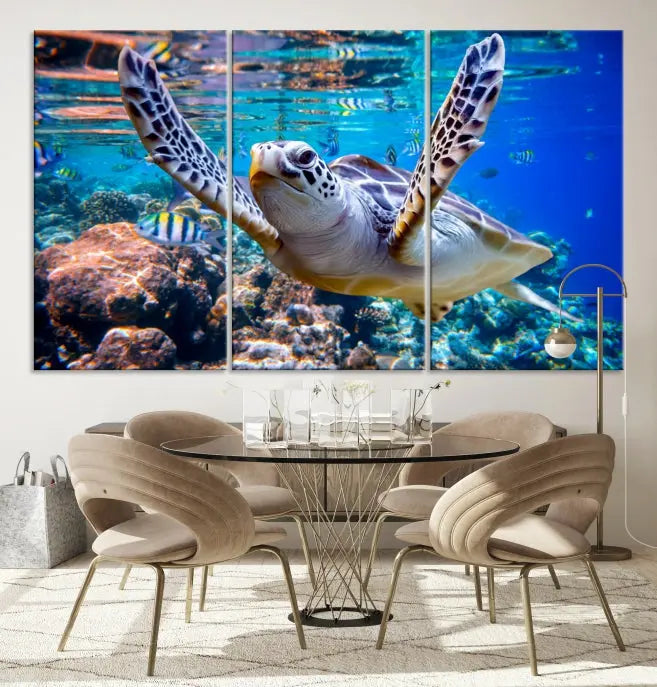 A living room showcasing a triptych of the Turtle and Ocean Life Wall Art Canvas Print.