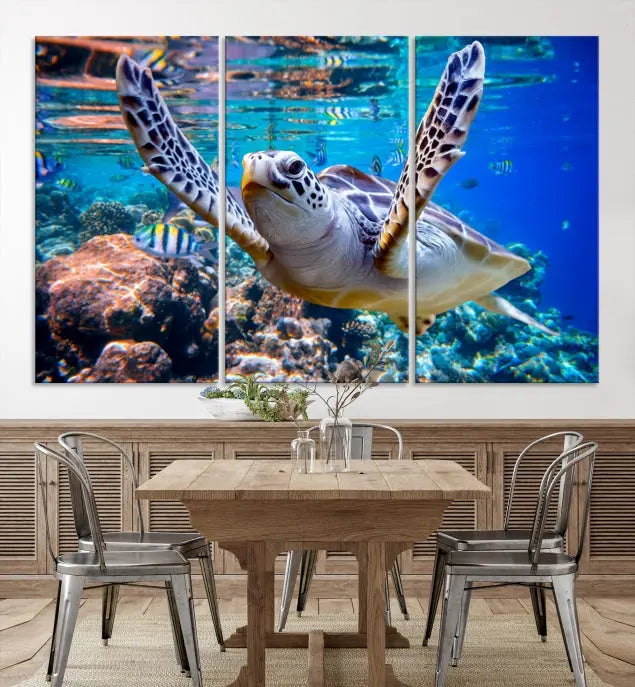 A living room showcasing a triptych of the Turtle and Ocean Life Wall Art Canvas Print.