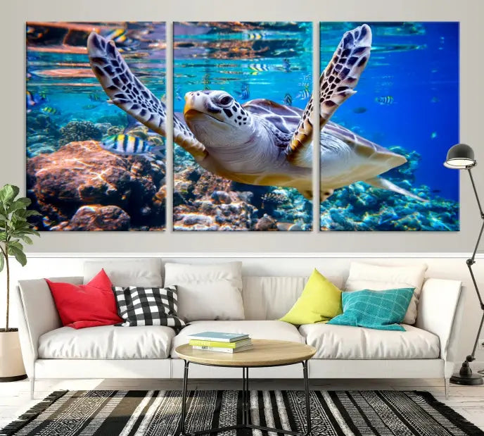 A living room showcasing a triptych of the Turtle and Ocean Life Wall Art Canvas Print.