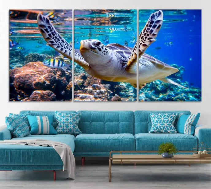 A living room showcasing a triptych of the Turtle and Ocean Life Wall Art Canvas Print.