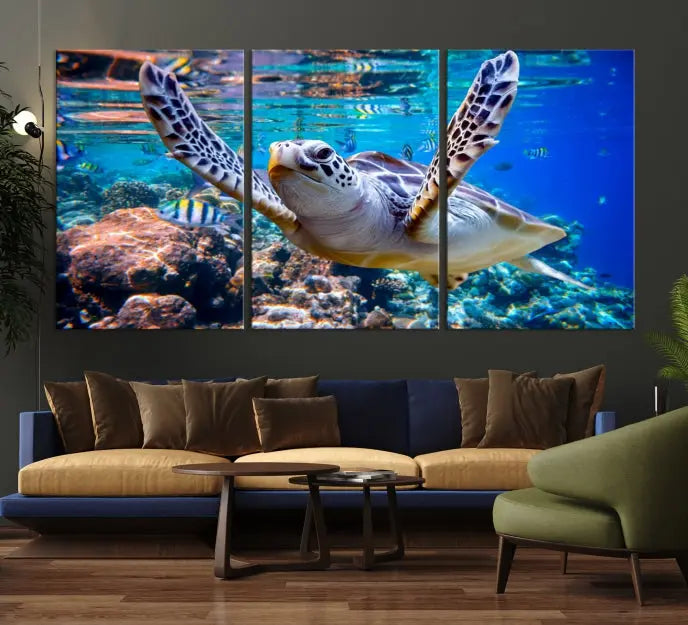 A living room showcasing a triptych of the Turtle and Ocean Life Wall Art Canvas Print.