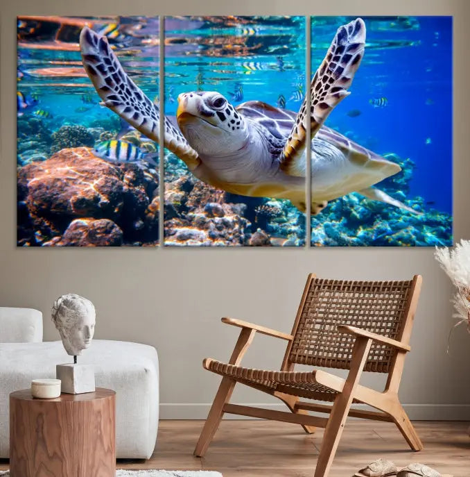 A living room showcasing a triptych of the Turtle and Ocean Life Wall Art Canvas Print.