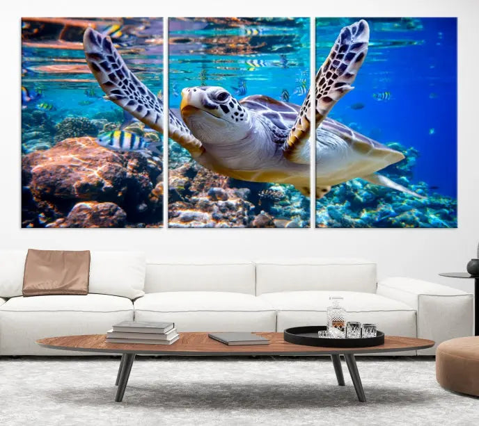 A living room showcasing a triptych of the Turtle and Ocean Life Wall Art Canvas Print.