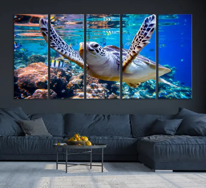 A living room showcasing a triptych of the Turtle and Ocean Life Wall Art Canvas Print.