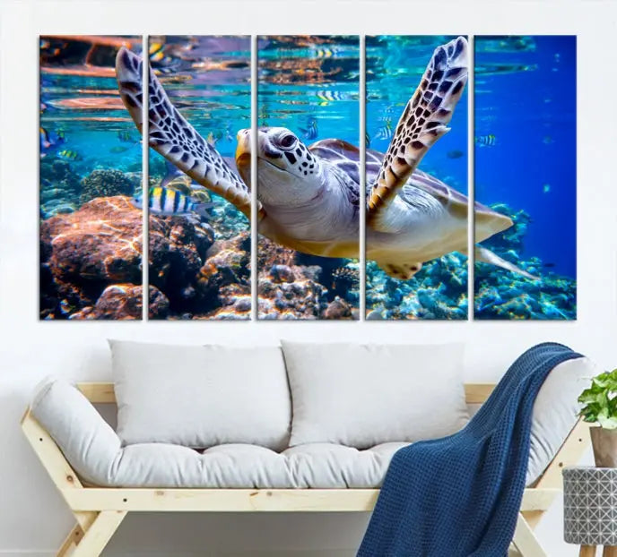 A living room showcasing a triptych of the Turtle and Ocean Life Wall Art Canvas Print.