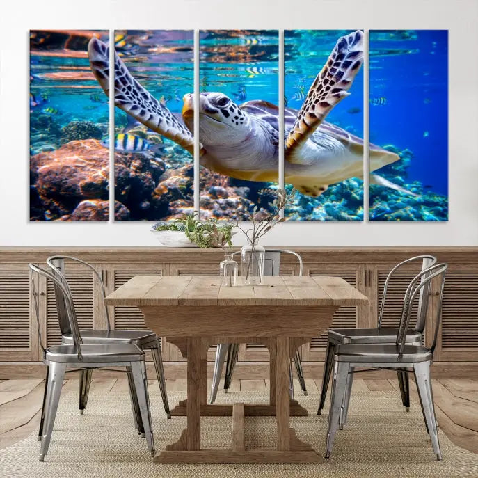 A living room showcasing a triptych of the Turtle and Ocean Life Wall Art Canvas Print.