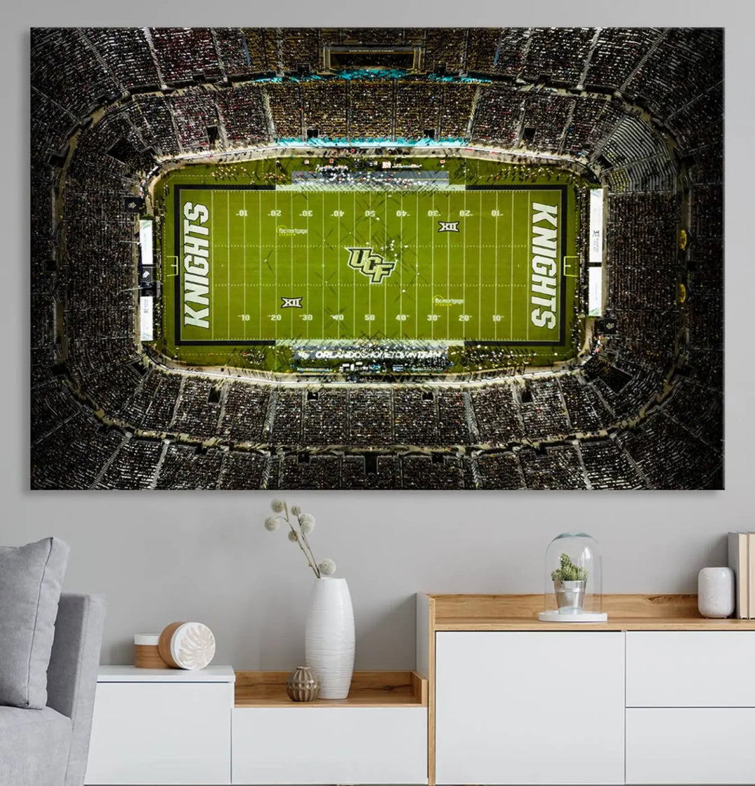 A gallery-quality wall art canvas print of the UCF Knights Football Team at Orlando's FBC Mortgage Stadium is elegantly displayed.