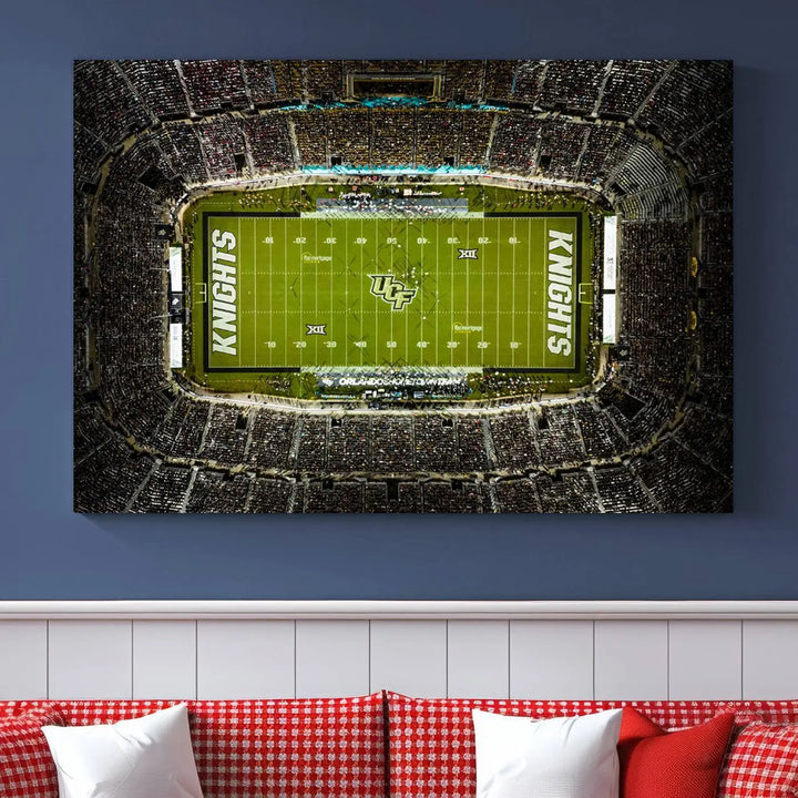 A gallery-quality wall art canvas print of the UCF Knights Football Team at Orlando's FBC Mortgage Stadium is elegantly displayed.