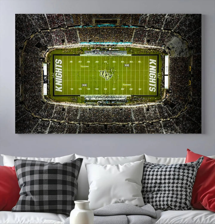 A gallery-quality wall art canvas print of the UCF Knights Football Team at Orlando's FBC Mortgage Stadium is elegantly displayed.