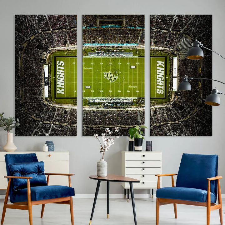 A gallery-quality wall art canvas print of the UCF Knights Football Team at Orlando's FBC Mortgage Stadium is elegantly displayed.