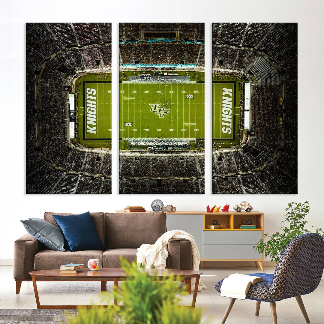 A gallery-quality wall art canvas print of the UCF Knights Football Team at Orlando's FBC Mortgage Stadium is elegantly displayed.