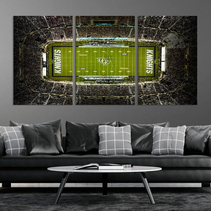 A gallery-quality wall art canvas print of the UCF Knights Football Team at Orlando's FBC Mortgage Stadium is elegantly displayed.