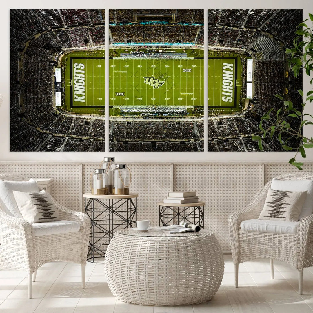 A gallery-quality wall art canvas print of the UCF Knights Football Team at Orlando's FBC Mortgage Stadium is elegantly displayed.