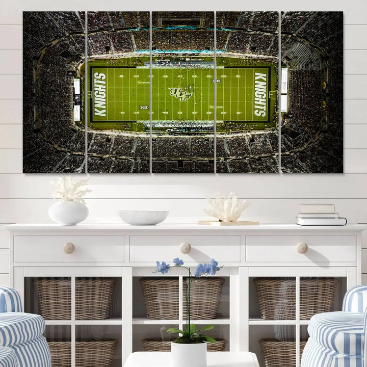 A gallery-quality wall art canvas print of the UCF Knights Football Team at Orlando's FBC Mortgage Stadium is elegantly displayed.