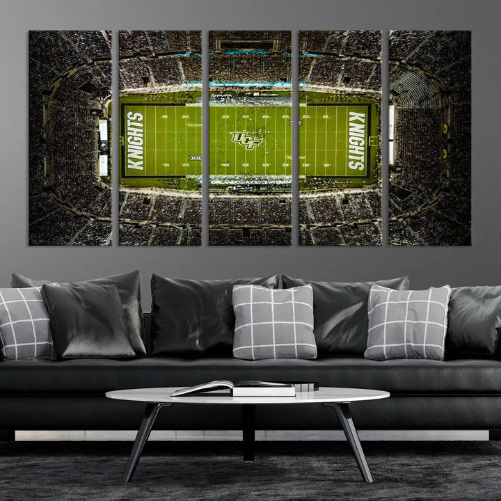 A gallery-quality wall art canvas print of the UCF Knights Football Team at Orlando's FBC Mortgage Stadium is elegantly displayed.