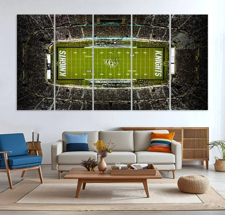 A gallery-quality wall art canvas print of the UCF Knights Football Team at Orlando's FBC Mortgage Stadium is elegantly displayed.