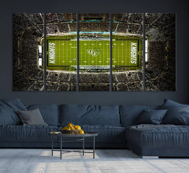 A gallery-quality wall art canvas print of the UCF Knights Football Team at Orlando's FBC Mortgage Stadium is elegantly displayed.