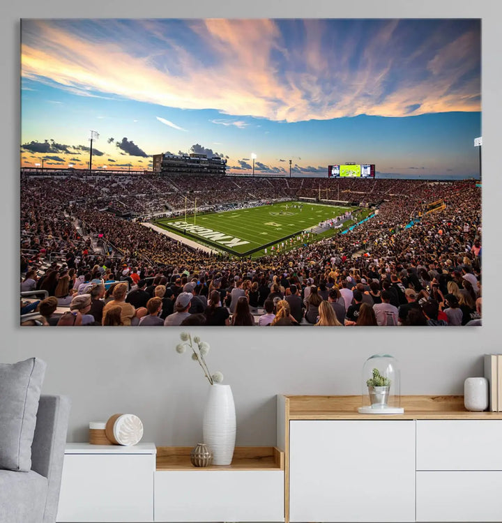 The UCF Knights Football Team Print - Orlando FBC Mortgage Stadium Wall Art Canvas Print is presented on a premium canvas that offers a polished, gallery-quality finish, elevating the wall art to new heights.