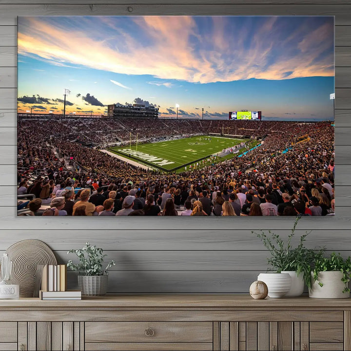 The UCF Knights Football Team Print - Orlando FBC Mortgage Stadium Wall Art Canvas Print is presented on a premium canvas that offers a polished, gallery-quality finish, elevating the wall art to new heights.