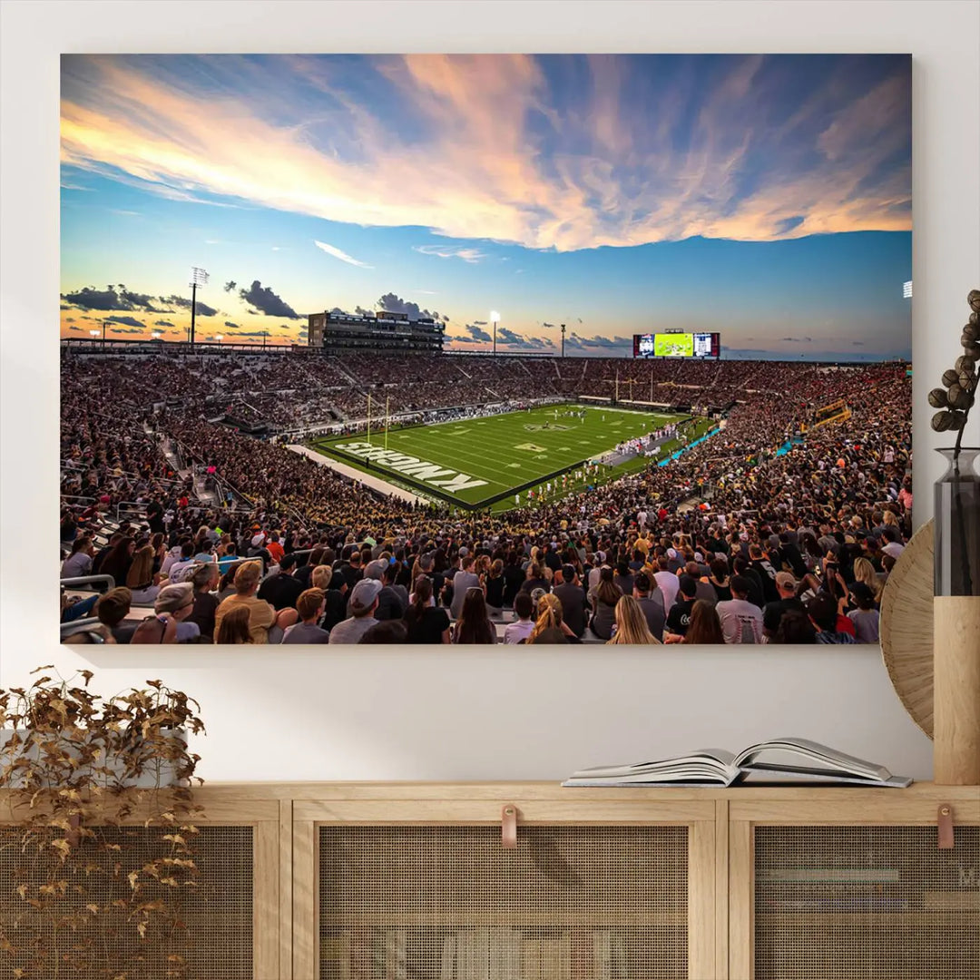 The UCF Knights Football Team Print - Orlando FBC Mortgage Stadium Wall Art Canvas Print is presented on a premium canvas that offers a polished, gallery-quality finish, elevating the wall art to new heights.