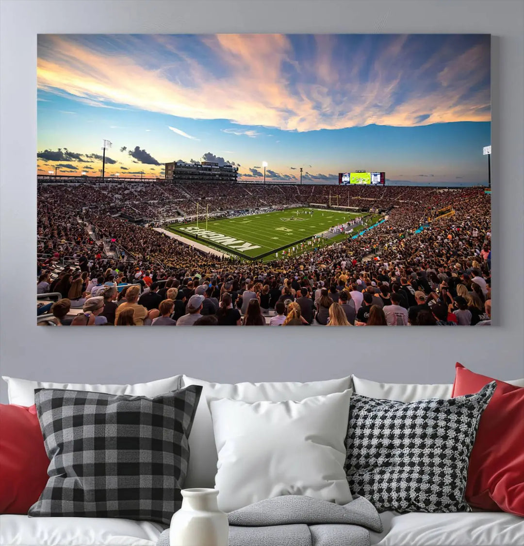 The UCF Knights Football Team Print - Orlando FBC Mortgage Stadium Wall Art Canvas Print is presented on a premium canvas that offers a polished, gallery-quality finish, elevating the wall art to new heights.