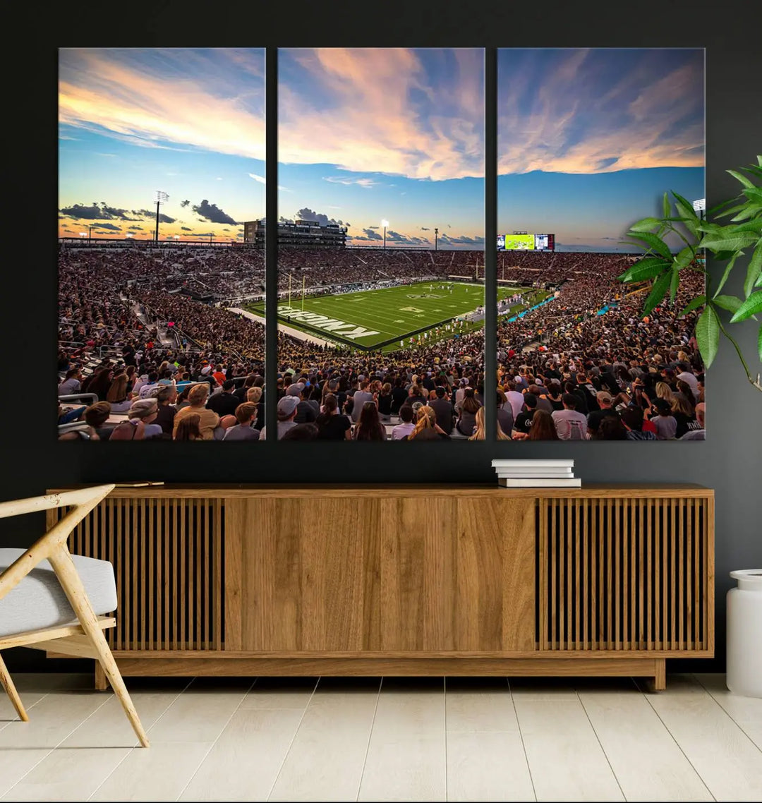 The UCF Knights Football Team Print - Orlando FBC Mortgage Stadium Wall Art Canvas Print is presented on a premium canvas that offers a polished, gallery-quality finish, elevating the wall art to new heights.