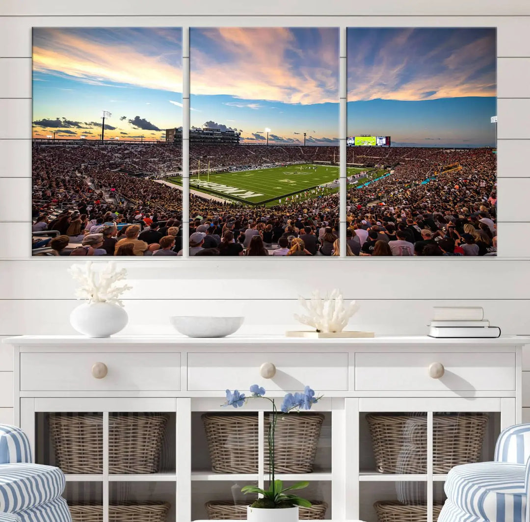 The UCF Knights Football Team Print - Orlando FBC Mortgage Stadium Wall Art Canvas Print is presented on a premium canvas that offers a polished, gallery-quality finish, elevating the wall art to new heights.