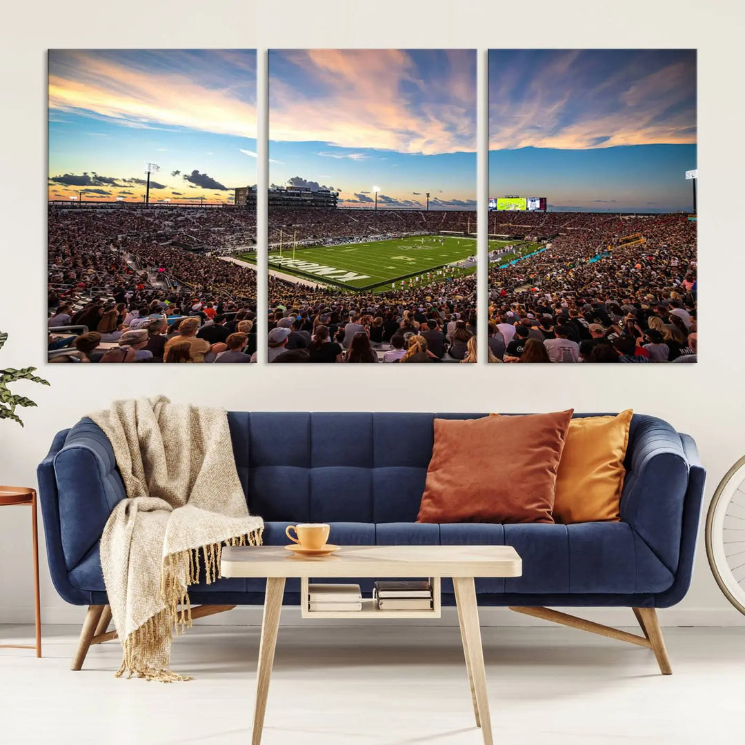 The UCF Knights Football Team Print - Orlando FBC Mortgage Stadium Wall Art Canvas Print is presented on a premium canvas that offers a polished, gallery-quality finish, elevating the wall art to new heights.