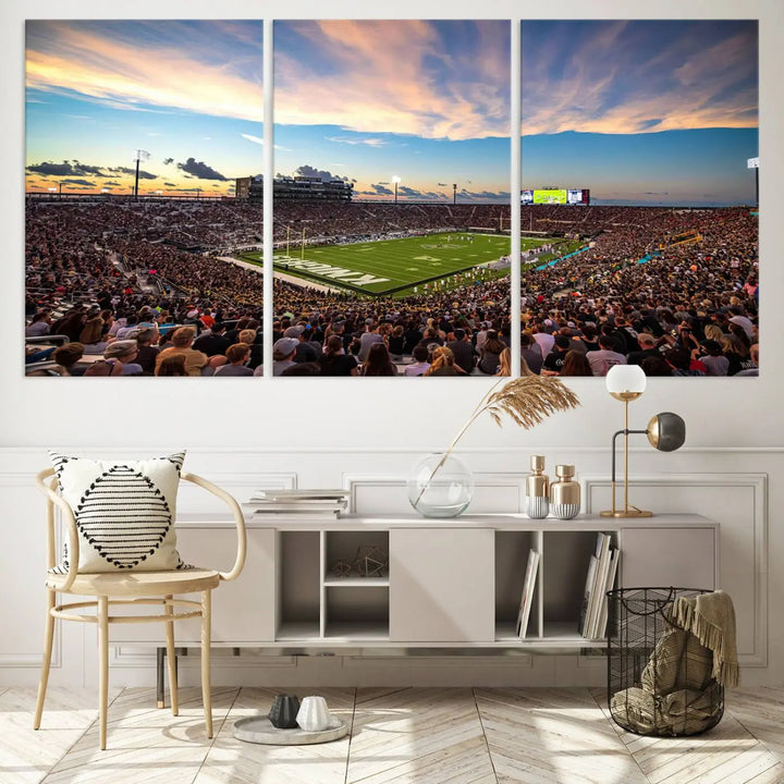 The UCF Knights Football Team Print - Orlando FBC Mortgage Stadium Wall Art Canvas Print is presented on a premium canvas that offers a polished, gallery-quality finish, elevating the wall art to new heights.