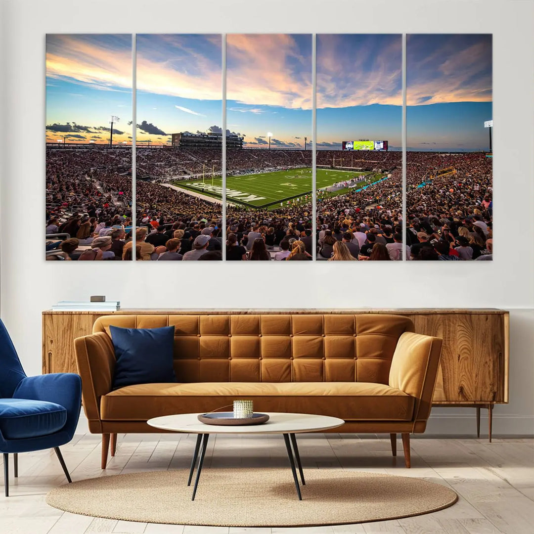 The UCF Knights Football Team Print - Orlando FBC Mortgage Stadium Wall Art Canvas Print is presented on a premium canvas that offers a polished, gallery-quality finish, elevating the wall art to new heights.