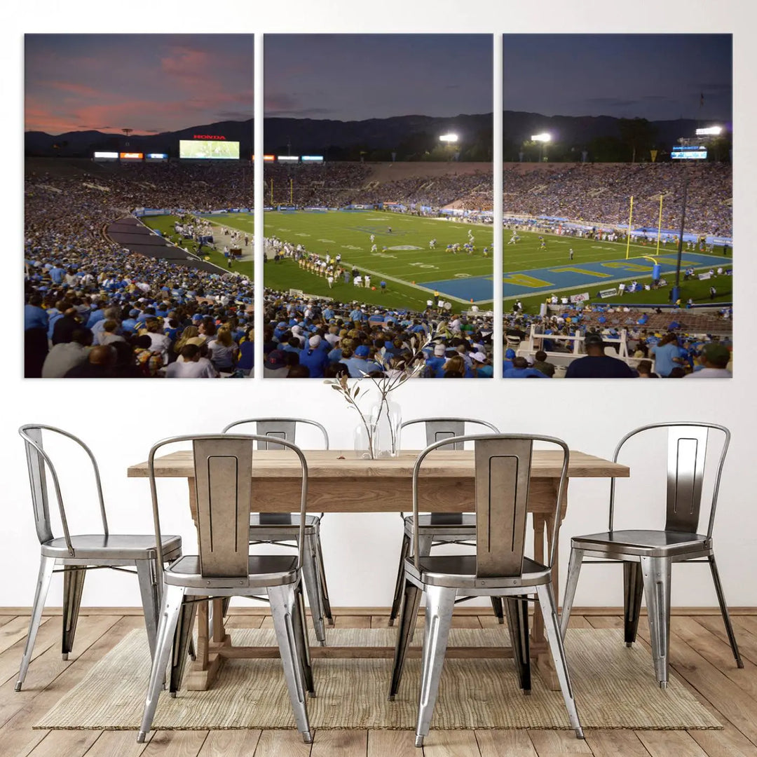 The dining area is highlighted by gallery-quality wall art—a triptych featuring the UCLA Bruins Football Team Print, capturing the vibrancy of a bustling Pasadena Rose Bowl Stadium during a football game.