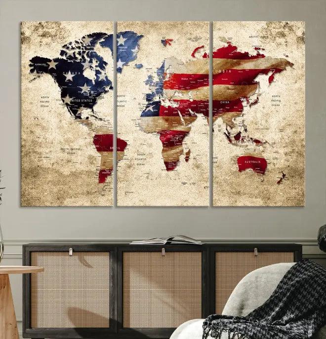 A three-panel "USA Flag and World Map Grunge Canvas Print," featuring a museum-quality canvas with a UV-protective coating, is displayed in a modern interior.