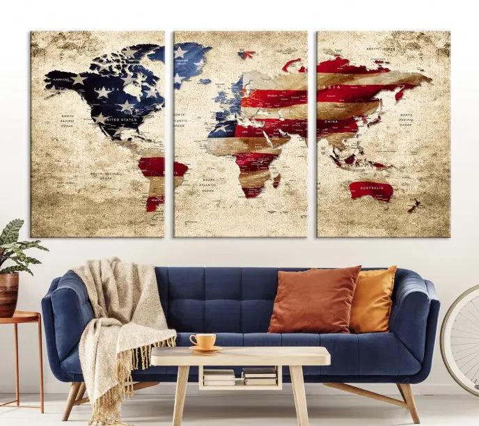 A three-panel "USA Flag and World Map Grunge Canvas Print," featuring a museum-quality canvas with a UV-protective coating, is displayed in a modern interior.