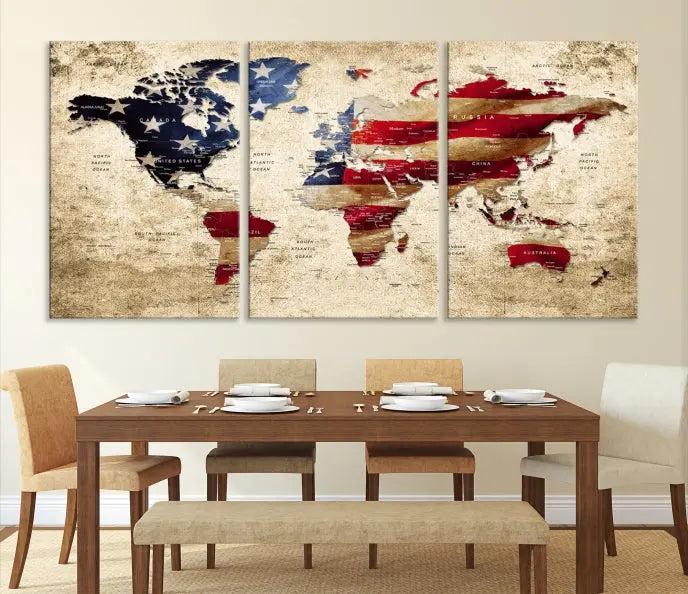 A three-panel "USA Flag and World Map Grunge Canvas Print," featuring a museum-quality canvas with a UV-protective coating, is displayed in a modern interior.