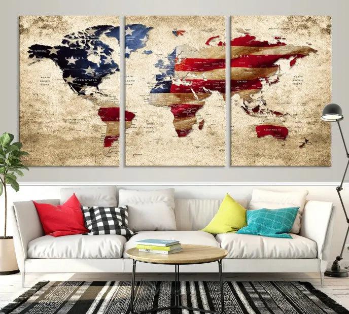 A three-panel "USA Flag and World Map Grunge Canvas Print," featuring a museum-quality canvas with a UV-protective coating, is displayed in a modern interior.