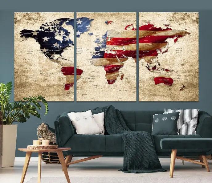 A three-panel "USA Flag and World Map Grunge Canvas Print," featuring a museum-quality canvas with a UV-protective coating, is displayed in a modern interior.