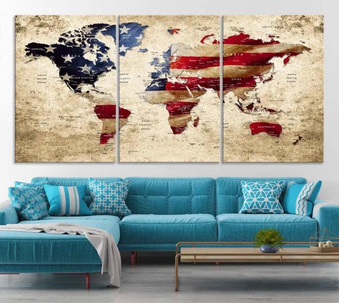 A three-panel "USA Flag and World Map Grunge Canvas Print," featuring a museum-quality canvas with a UV-protective coating, is displayed in a modern interior.