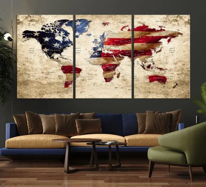 A three-panel "USA Flag and World Map Grunge Canvas Print," featuring a museum-quality canvas with a UV-protective coating, is displayed in a modern interior.