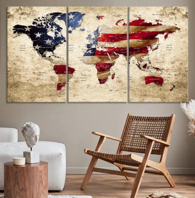 A three-panel "USA Flag and World Map Grunge Canvas Print," featuring a museum-quality canvas with a UV-protective coating, is displayed in a modern interior.